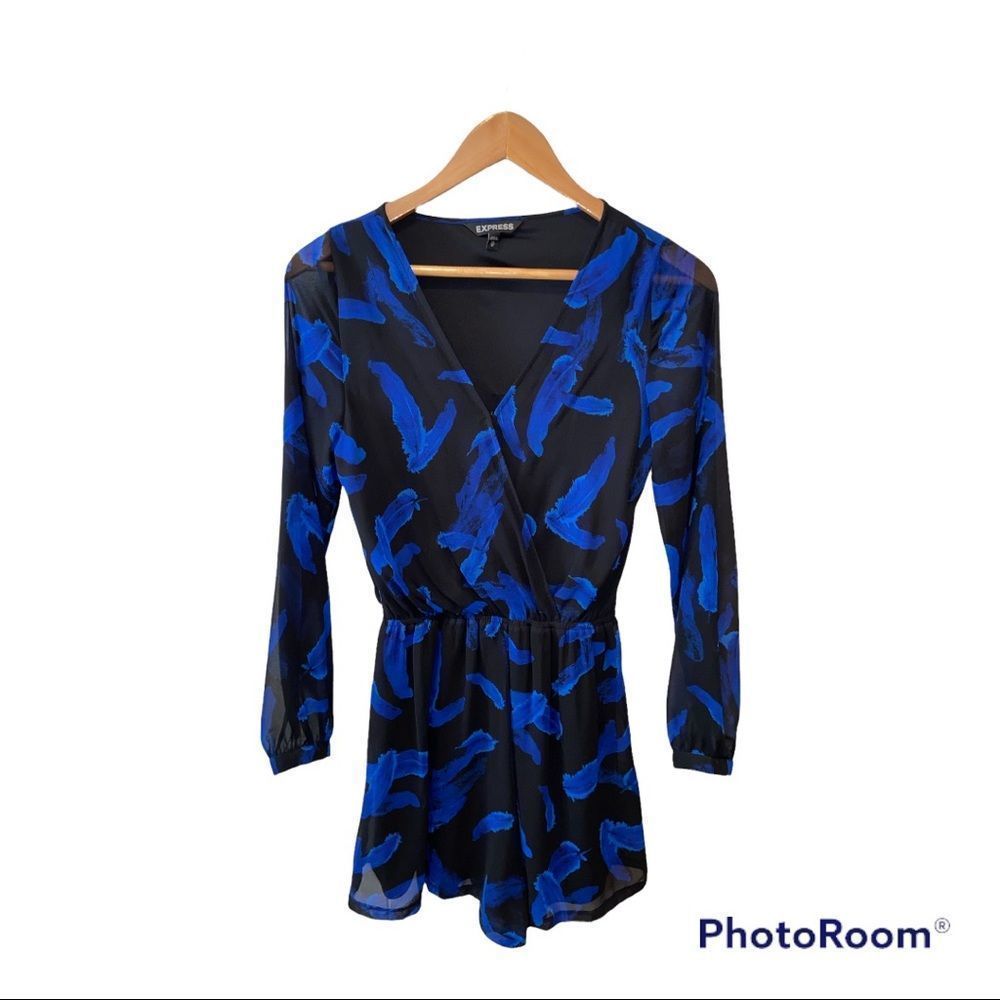 EXPRESS - Black and Blue Feather Romper